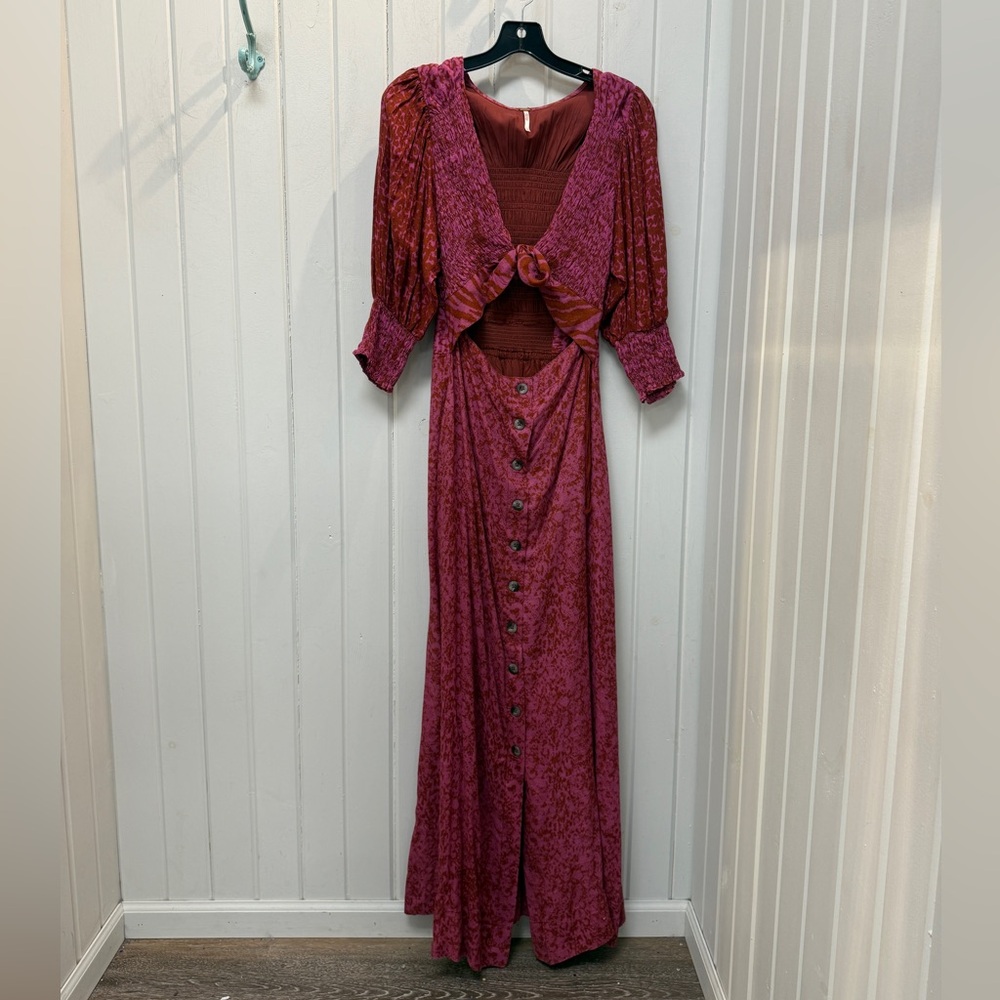 Free People String of Hearts Long Pink Floral Button-Front Dress Tie Detail